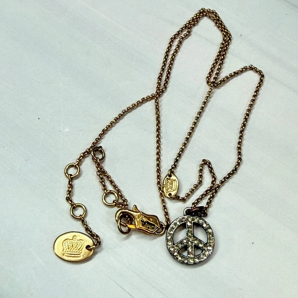 Juicy Couture Rhinestone Peace Sign Necklace Gold Tone Crown Logo Charm